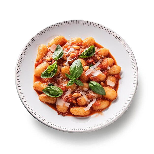 gnocchi en salsa de carne con albahaca y adorno de tomate en el plato en el estilo de transparencia y