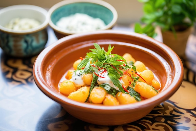 Gnocchi con salsa de tomate en un plato de terracota