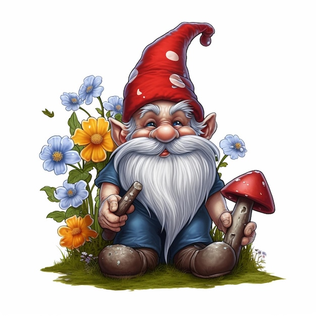 Gnom mit rotem Hut und weißem Bart sitzt im generativen Gras