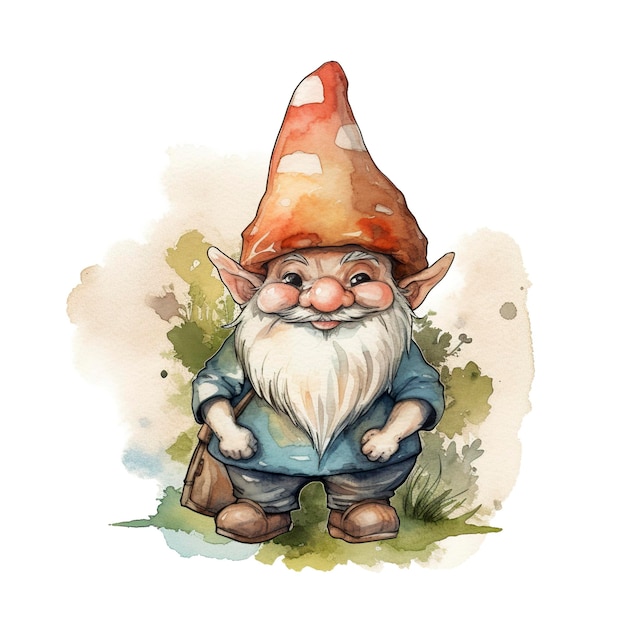Gnome-Aquarell-Aufkleber, fröhliche, gedämpfte Farbe, Retro-Kontur, weißer Hintergrund, generiert ai