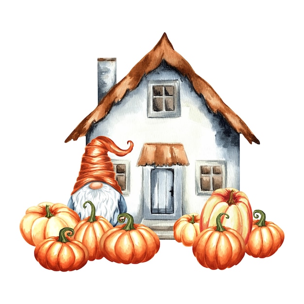 Gnome con calabazas cerca de la casa de jardín lindo con hojas de arce composición de otoño para