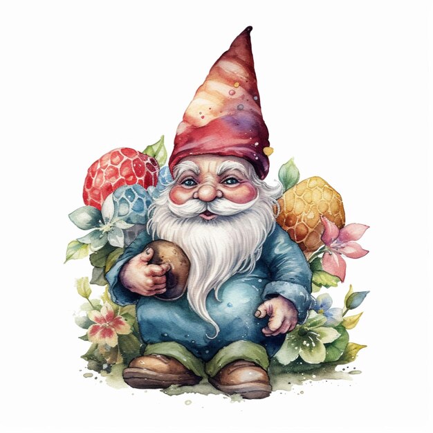 Gnome com um chapéu e uma barba sentado em um jardim generativo ai