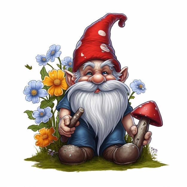 Gnome com um chapéu vermelho e uma barba branca sentado na grama generativa ai