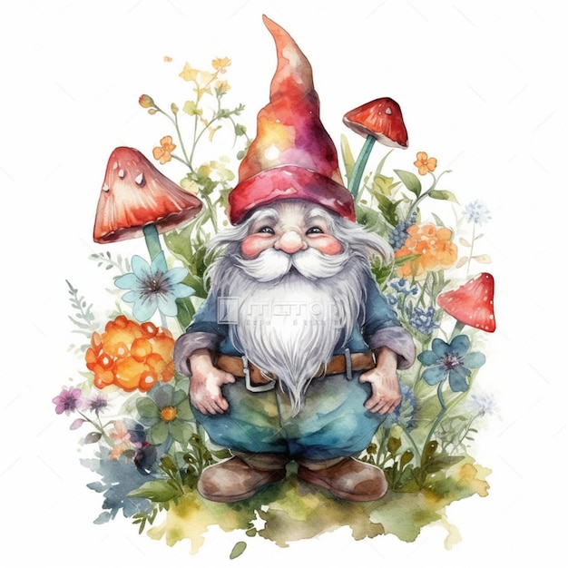 Gnome no jardim com cogumelos.