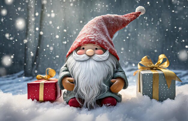 Foto gnome de pie afuera en la nieve con regalos de navidad