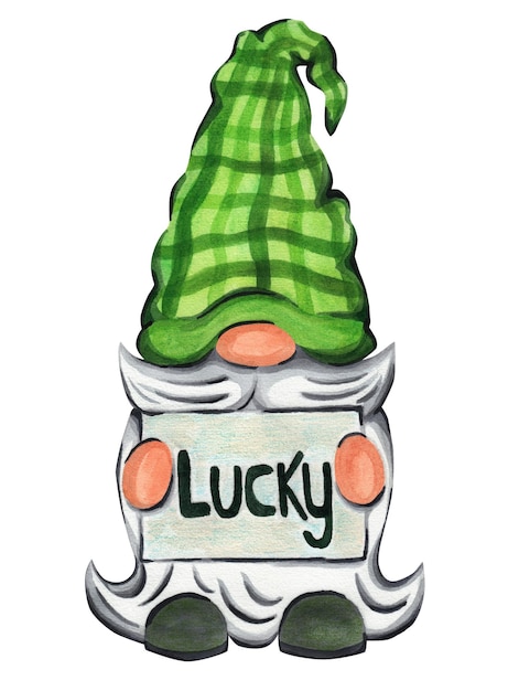 Gnome sosteniendo un letrero de la suerte del día de San Patricio Ilustración en acuarela