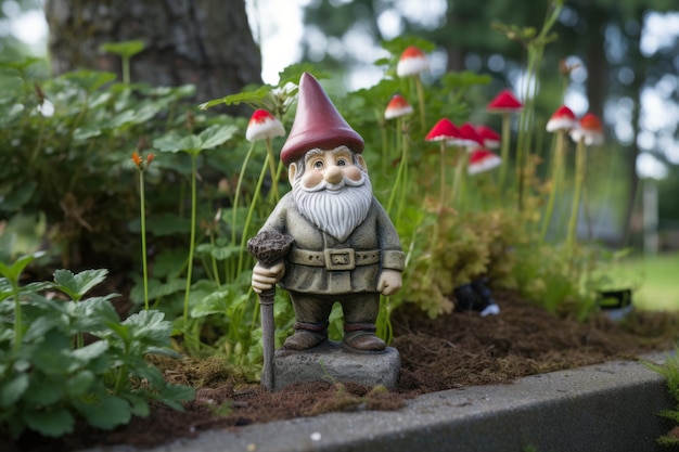 Gnome-Statue in einem Garten mit Pilzen