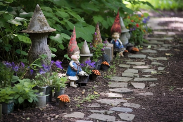 Gnome Stücke verstreut auf Gartenweg erstellt mit generativen ai