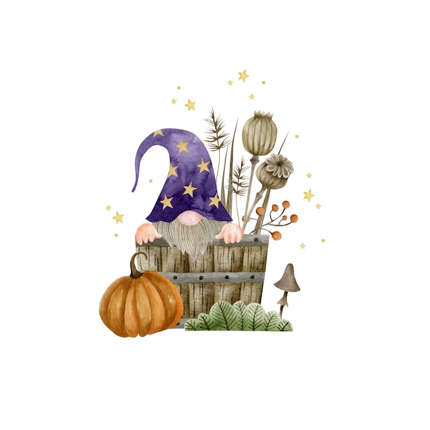 Gnomo aquarela em um barril de madeira cogumelo de abóbora plantas feriado de abóbora de halloween