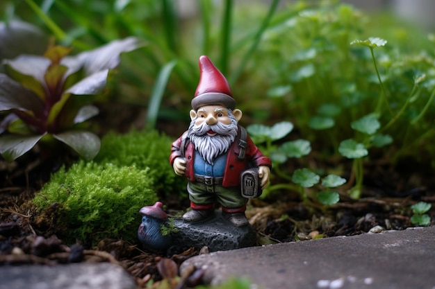 Un gnomo con chaqueta roja y barba blanca se encuentra en un jardín.