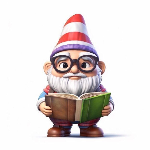 Foto gnomo de desenho animado lendo um livro com óculos e um chapéu vermelho