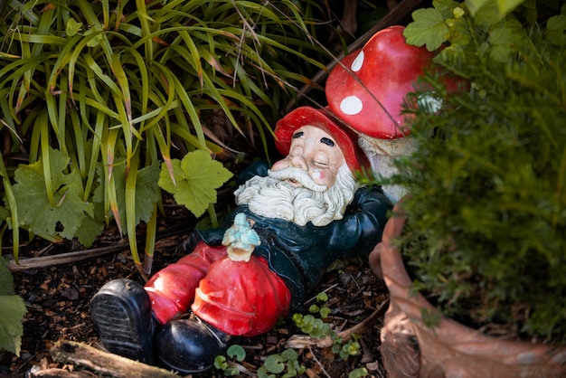 Foto gnomo de jardim com chapéu engraçado ao ar livre