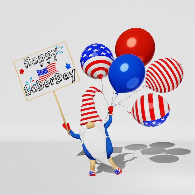 Gnomo del Día del Trabajo de los Estados Unidos con sombrero con globos de letrero 3D render banner Día Nacional de los Trabajadores