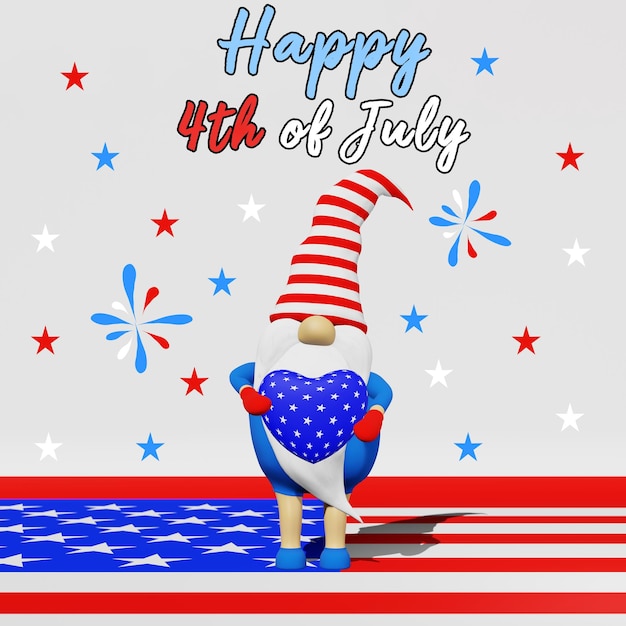 Gnomo do Dia da Independência dos Estados Unidos em renderização 3D de chapéu listrado 4 de julho banner de cartão de saudação de feriado nacional dos EUA