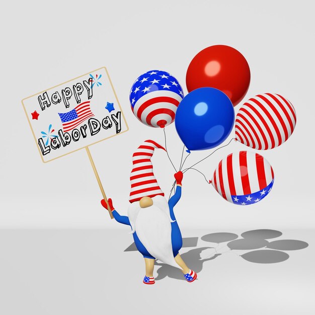 Foto gnomo do dia do trabalho dos estados unidos com chapéu com balões de tabuleta 3d render banner dia nacional dos trabalhadores