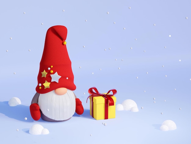 Gnomo escandinavo de Navidad con caja de regalo y nieve 3D Render ilustración