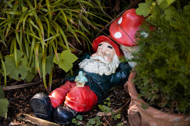 Gnomo de jardín con sombrero divertido al aire libre