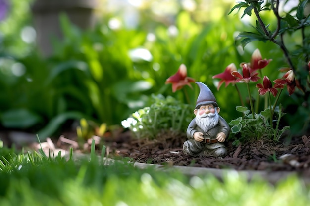 Un gnomo se sienta en el jardín con un macizo de flores al fondo.