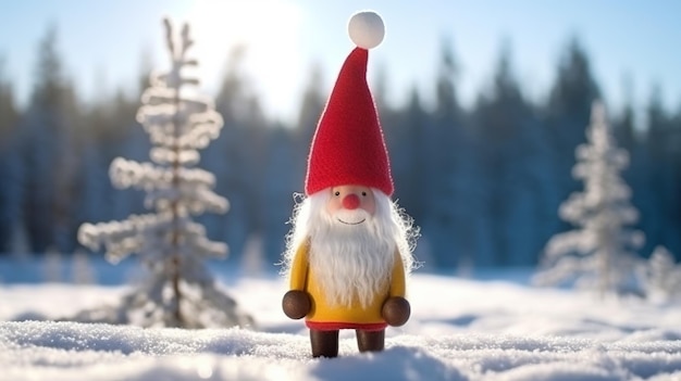 Un gnomo con un sombrero rojo se para en la nieve frente a un bosque nevado.