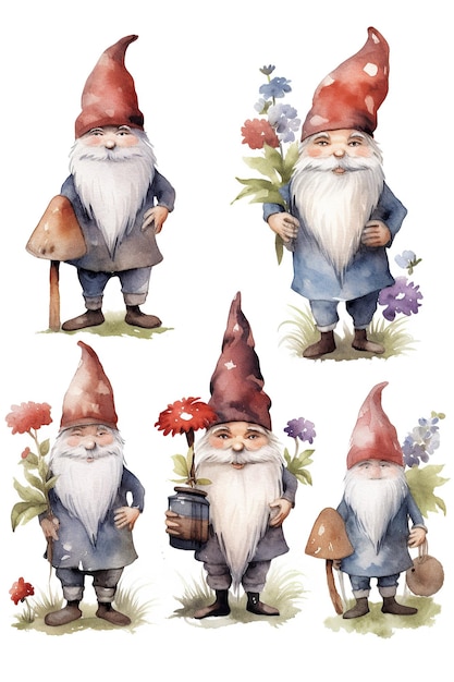 Gnomos acuarela clipart lindo aislado sobre fondo blanco con tecnología generativa de IA