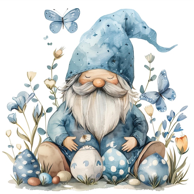 Gnomos bonitos com ovos e flores Ilustração a aquarela