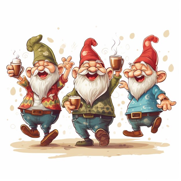 gnomos de desenho animado com cerveja e café correndo e rindo generativo ai