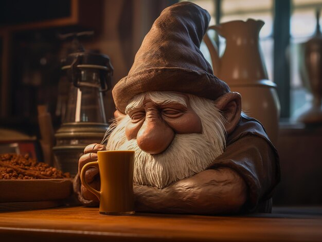 Gnomos do café com um chapéu e uma chávena de café nas mãos