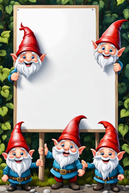 Foto gnomos felices de dibujos animados con una tabla en blanco