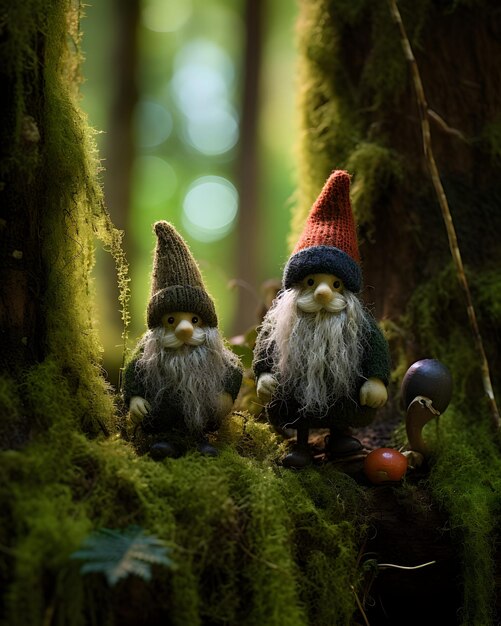 Foto gnomos de ganchillo hechos a mano en medio de un bosque iluminado por el sol y helechos rojos