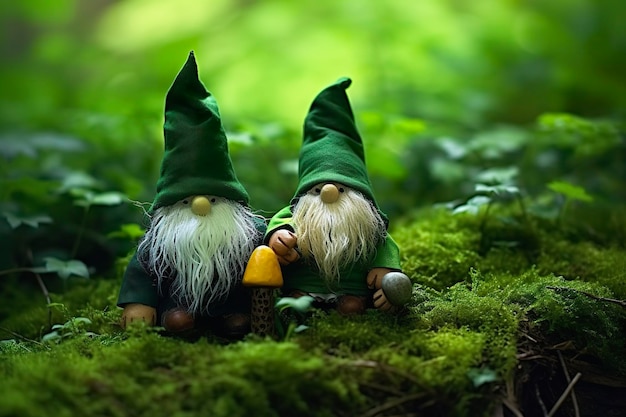 Gnomos irlandeses de juguete en un bosque misterioso fondo natural verde abstracto