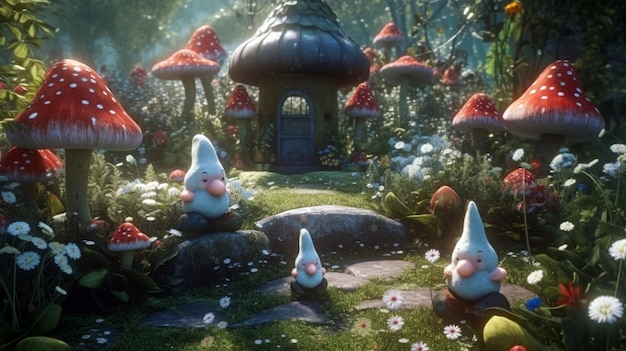 Gnomos de jardín en un jardín de hongos gnomos lindos en un hermoso jardín de fantasía ai generativo