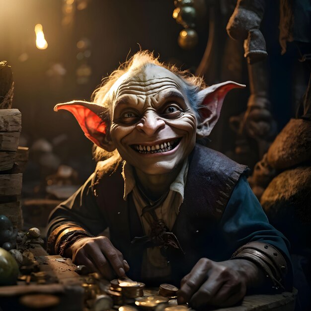 Un goblin astuto con una sonrisa dentada y un brillo en sus ojos rodeado de un montón de botín robado