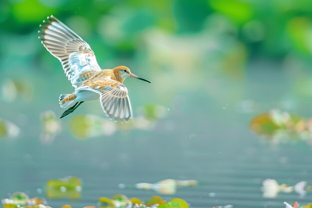 Un godwit en vuelo sobre un humedal