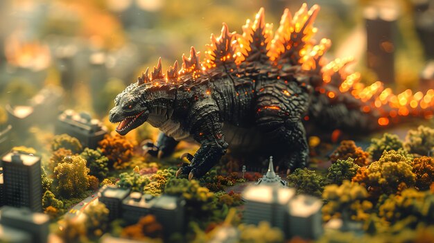 Godzilla, der mit feurigen Flammen im Stadtbild Verwüstung verursacht, in einem auffallenden Tilt-Shift-Foto Konzept Tilt-shift-Photografie Godzilla Cityscape Feurige Flammen Zerstörerische Szenen