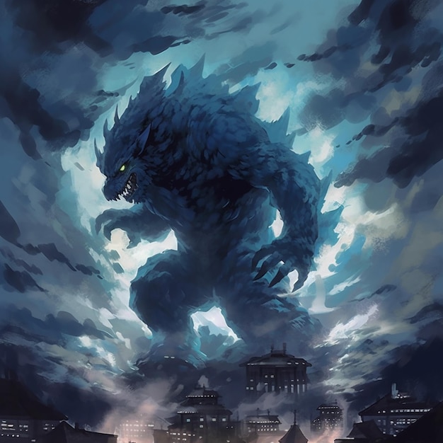 Godzilla se eleva sobre una ciudad por la noche con una luna llena de fondo ai generativo