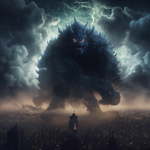 Godzilla se eleva sobre una ciudad con un rayo en el cielo ai generativa