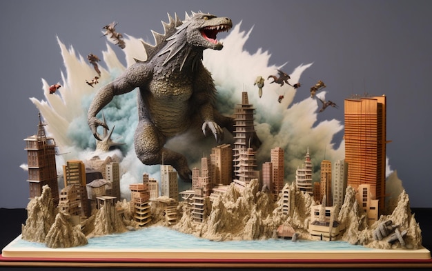 Godzilla-Figur vor einer Stadt mit generativer Wasserfall-KI