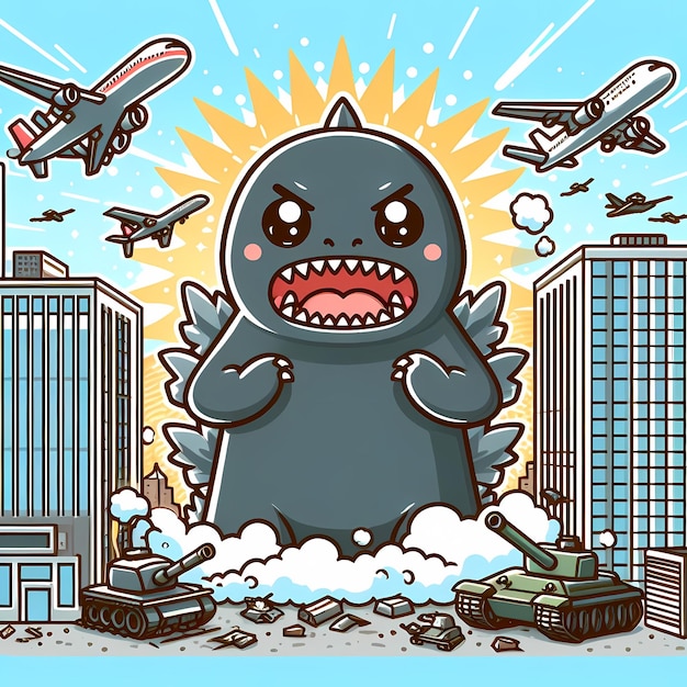 Godzilla Monstruos adorables Ilustración de la ciudad alegre