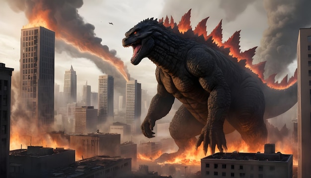 Godzilla numa paisagem urbana pós-apocalíptica cercada de fogo e fumaça.