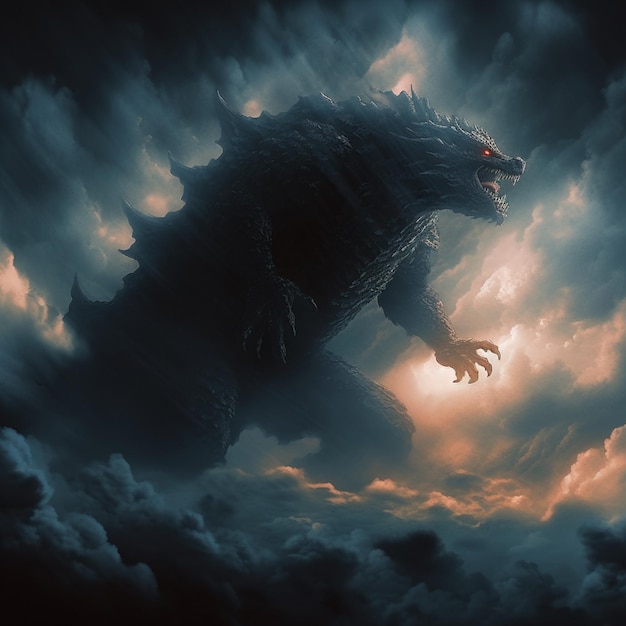 Godzilla surgiendo de las nubes en un cielo oscuro con un sol brillante ai generativo