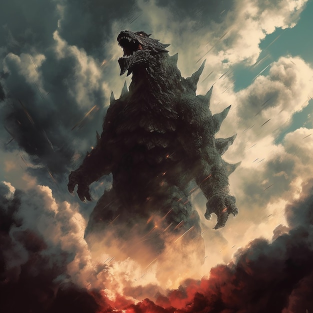 Godzilla surgiendo de las nubes en una escena surrealista con IA generativa.