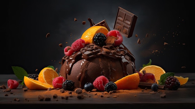 Gönnen Sie sich ein fruchtiges Schokoladendessert mit einer Geschmacksexplosion Aufgenommen im Food-Fotografie-Stil vor dunklem Hintergrund Generative KI