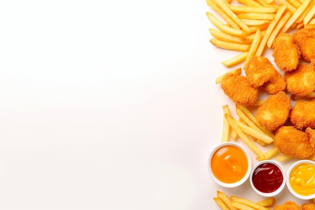 Gönnen Sie sich ein unwiderstehliches Fast-Food-Fiesta mit knusprigen Köstlichkeiten mit Chicken Nuggets, Pommes Frites und mehr