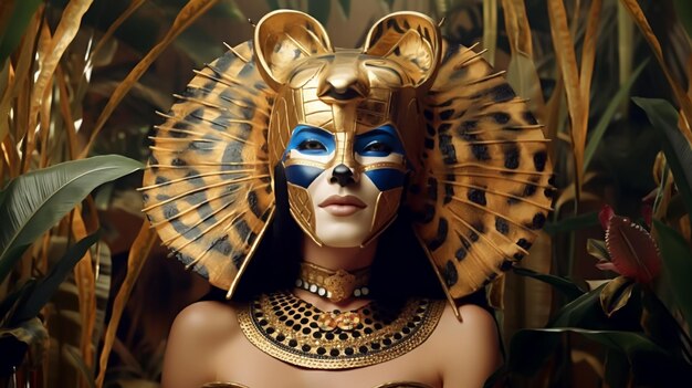 Foto göttin der dschungelkönigin. attraktiver heißer körper in sexy kostümen und goldenen maskenaccessoires