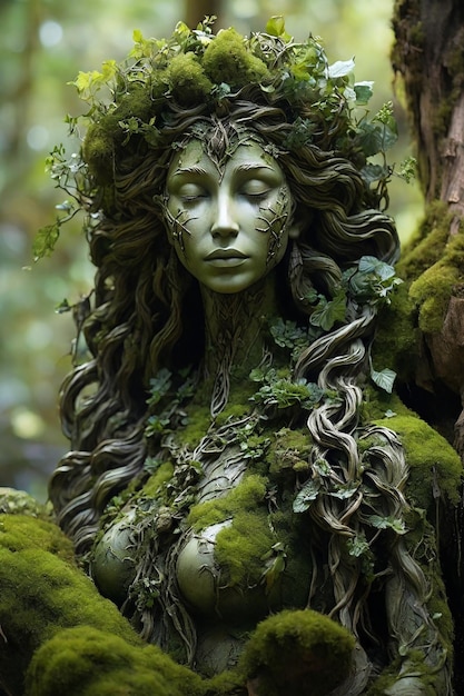 Göttin des Waldes mit grünem Moos auf dem Gesicht