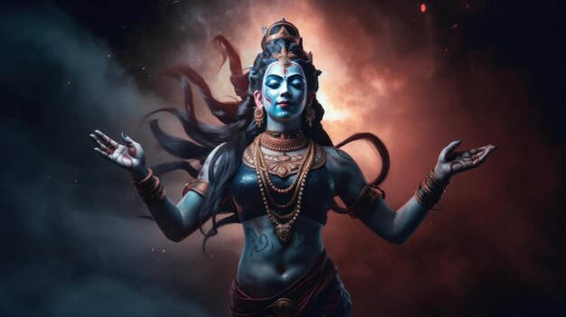 Göttin Mahakali mit kosmischem Körper auf generativer KI im Hintergrund des Universums