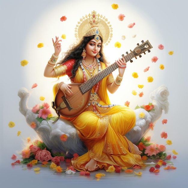 Foto göttin saraswati happy vasant panchami puja sitzt auf lotus musikinstrument ai generiert