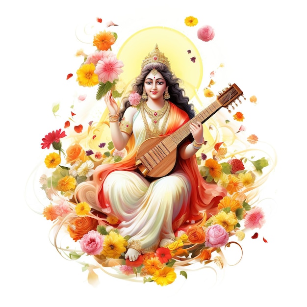 Göttin Saraswati Happy Vasant Panchami Puja sitzt auf Lotus Musikinstrument Ai generiert