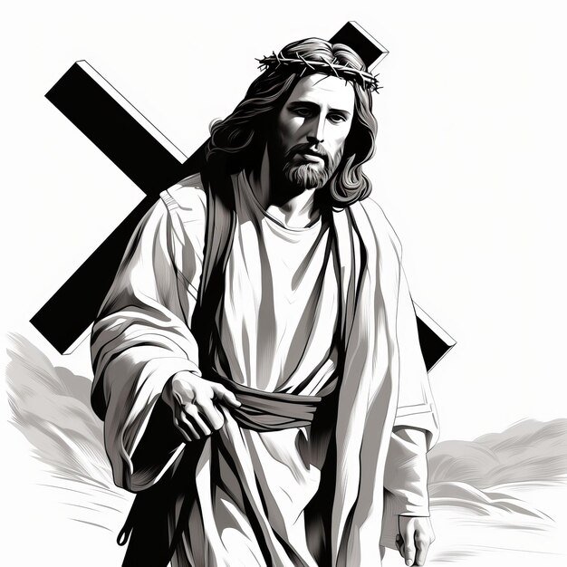 Göttliche Last Darstellung von Jesus Christus, der das Kreuz auf Weiß trägt