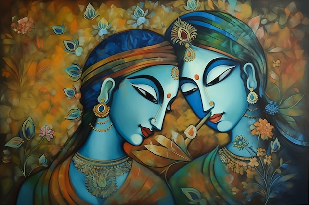 Göttliche Liebesgeschichte der hinduistischen Götter Radha und Krishna anhand einer zeitgenössischen Kunst